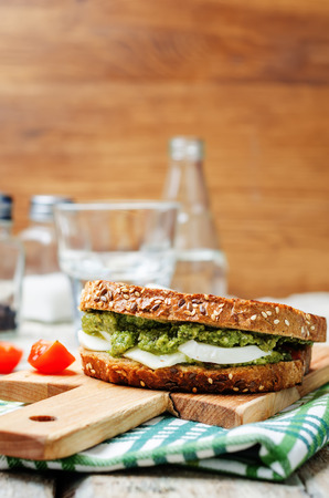 Pesto Mozzarella tomatoes grilled rye sandwich. toning. selective focusの写真素材