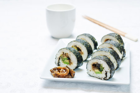 eggplant teriyaki vegan avocado cucumber sushi. toning. selective focusの写真素材