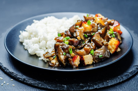 eggplant tofu teriyaki with rice. toning. selective focusの写真素材