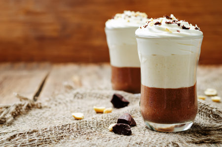 Peanut butter chocolate mousse parfait. toning. selective focus