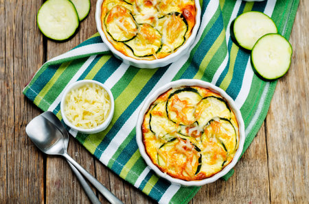 cheese eggs zucchini casserole. toning. selective focusの写真素材