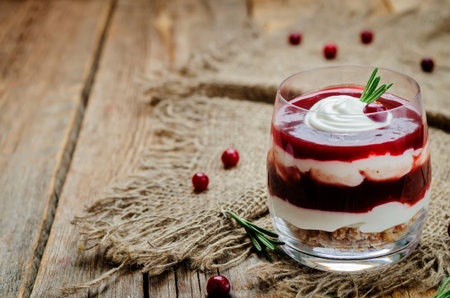 cranberry sauce Greek yogurt parfait. toning. selective focusの写真素材
