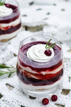 cranberry sauce Greek yogurt parfait. toning. selective focusの写真素材