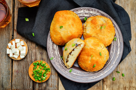 Eggplant goat cheese green onion cakes. toning. selective focusの写真素材