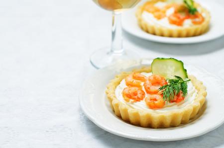 Shrimp cream cheese mousse dill cucumber tartlet. toning. selective focusの写真素材