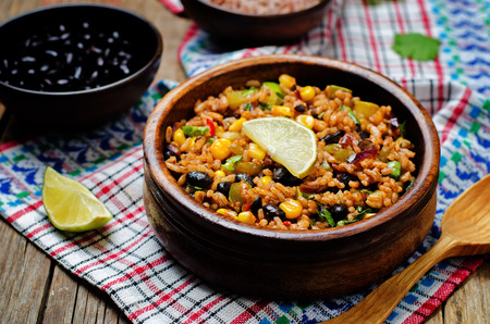 Black beans pepper cilantro zucchini  lime brown rice. toning. selective focusの写真素材