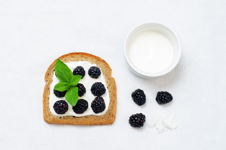 Healthy greek yogurt blackberry coconut flakes rye breakfast sandwich. toning. selective focusの写真素材