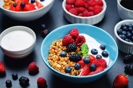 Healthy breakfast with granola, greek yogurt, berries and milk. toning. selective focusの写真素材