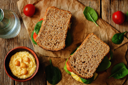rye sandwiches with hummus, spinch and tomatoes. toning. selective focusの写真素材