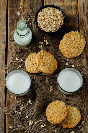 Oatmeal cookies with milk. toning. selective focusの写真素材