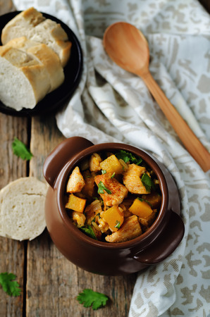 Pumpkin chicken cilantro rice on a wood background. toning. selective focusの写真素材