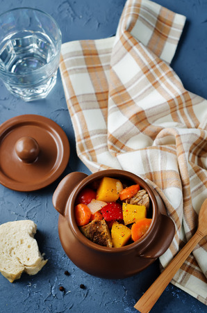 Pumpkin beef stew on a stone background. toning. selective focusの写真素材
