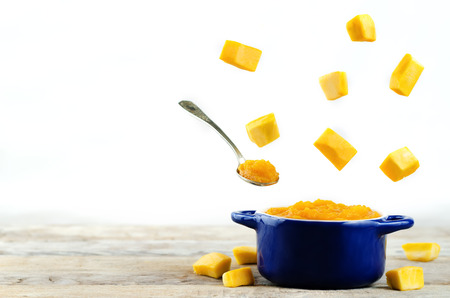Pumpkin puree with fresh flying slices. toning. selective focusの写真素材