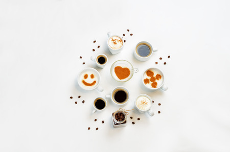 White background with different types of coffee. toning. selective focusの写真素材