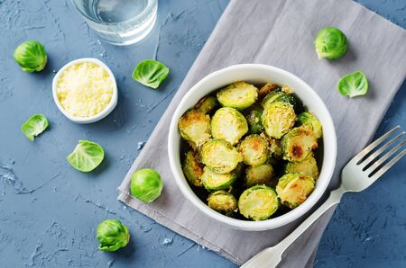 Parmesan Roasted Brussel Sprouts on a stone background. toning. seletive focusの写真素材