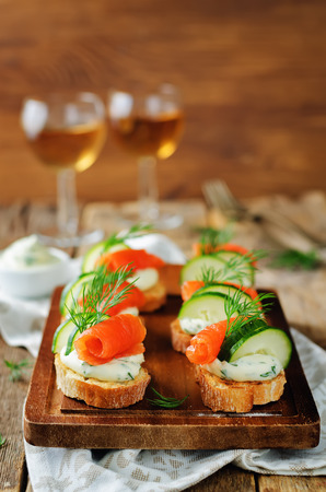 Smoked Salmon Cucumber cream cheese Spread appetizers. toning. selective focusの写真素材