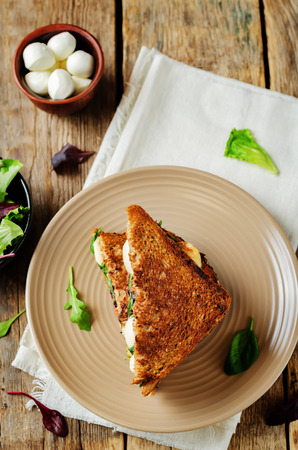 Fresh green mozzarella grilled rye sandwich on a dark woody background. toning. selective focusの写真素材