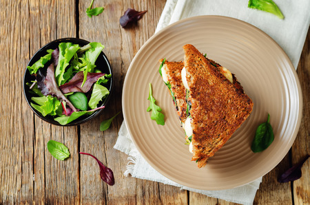 Fresh green mozzarella grilled rye sandwich on a dark woody background. toning. selective focusの写真素材
