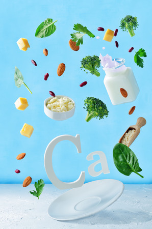 Flying foods rich in calcium. Healthy eatingの写真素材
