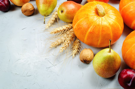 Autumn vegetable and fruit grey background. toning. selective focus