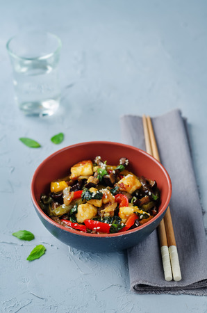 Thai Basil Bell pepper eggplants on a stone background. toning. selective focusの写真素材