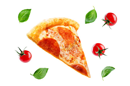 Pizza with pepperoni, tomato sauce and cheese isolated. toning. selective focusの写真素材