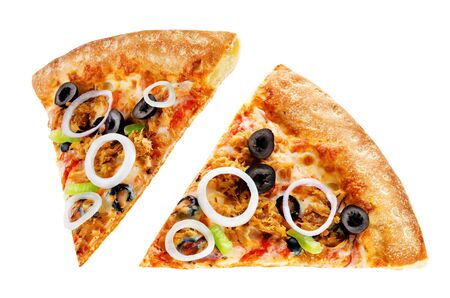 Pizza with tuna, olives, green pepper and red onion isolated. toning. selective focusの写真素材