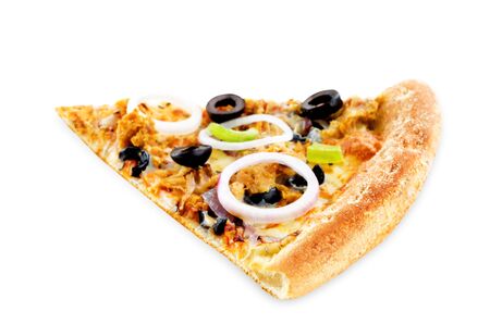 Pizza with tuna, olives, green pepper and red onion isolated. toning. selective focusの写真素材