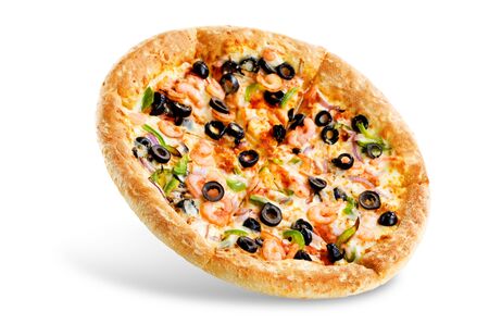 Pizza with shrimp, olives, green pepper and onion isolated on white. Selective focusの写真素材