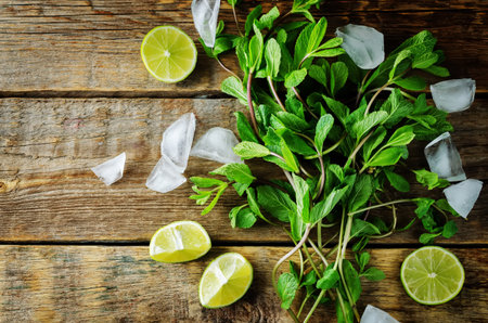 Mojito coctail ingredients with fresh mint leaves and lime slices on a wood background. toning....