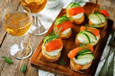 Smoked Salmon Cucumber cream cheese Spread appetizers. toning. selective focusの写真素材