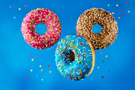 Flying multicolored Donuts with sprinkles. toning. selective focus