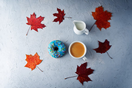 Colorful donuts with a Cup of coffee. toning. selective focusの写真素材