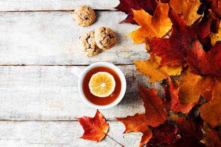 Autumn wood background with orange maple leaves. toning. selective focusの写真素材