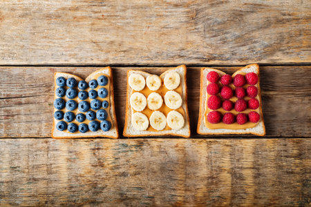 Peanut butter sandwiches with fruits. toning. selective focusの写真素材