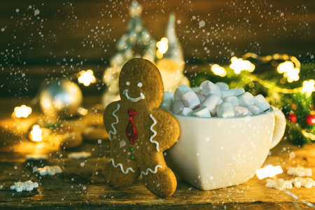 Christmas holidays wood background with Cup of Cocoa with marshmallow, luminous garland and cookie. toning. selective focusの写真素材