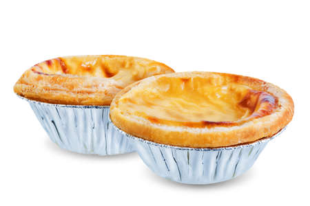 Portuguese custard pies, Pastel de Nata or Pastel de Belem on a white isolated background. Traditional portuguese pastryの写真素材