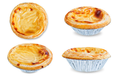Portuguese custard pies, Pastel de Nata or Pastel de Belem on a white isolated background....