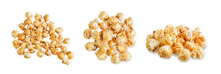 Caramel popcorn on a white isolated background. toning. selective focus