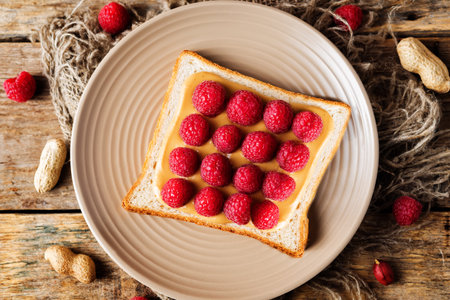 Peanut butter sandwich with fruits. toning. selective focusの写真素材