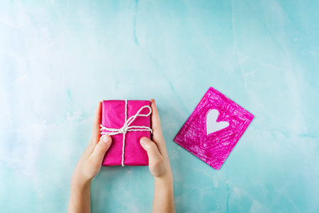 Valentine's background with pink gifts and cards with heart. toning. selective focusの写真素材