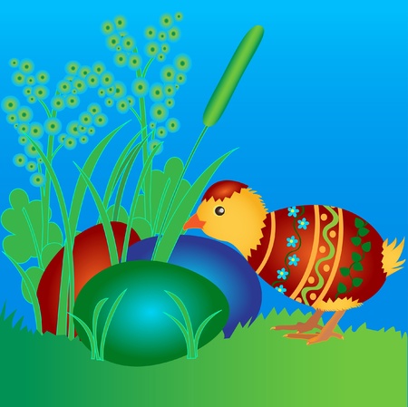 Newborn chicken in a cracked colored easter eggのイラスト素材