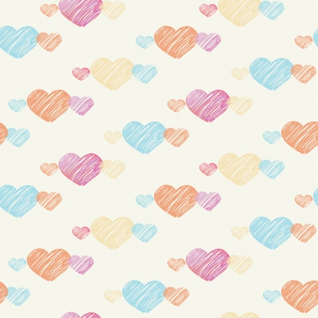 Seamless pattern of pastel colored sketch hearts on light vanilla backgroundのイラスト素材