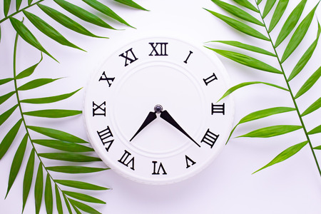 Beautiful white clock with leaves of tropical palm. The concept of time. holiday decoration images.の写真素材