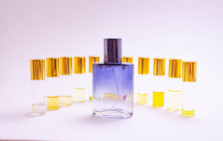 Perfume samples on white background. Beautiful composition with perfume samples on light backgroundPerfume roller tester.の写真素材