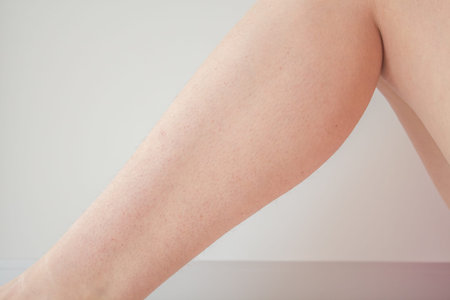 unshaven, hairy legs of a woman before hair removal. concept of smooth skin without hair, spa...