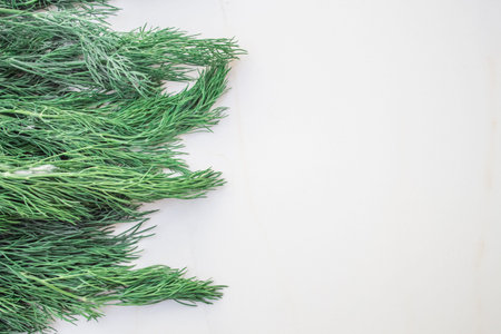 Flat layout of greens on a white marble table with copy space for text. Green onion feathers, dill,...