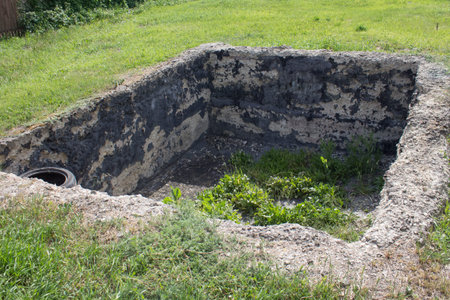 Old pool without water in the yard. Unfinished Boost Pool.