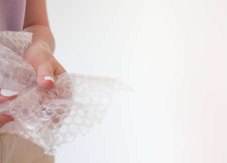 Chpok texture, soft film for packaging. White  wrap packing background. Close up, copy spaceの写真素材