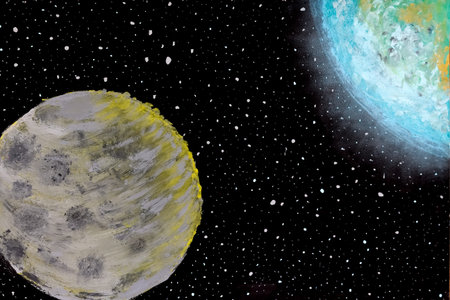 Painting the earth and the moon in space. Abstract space with stars and a beautiful earthy...
